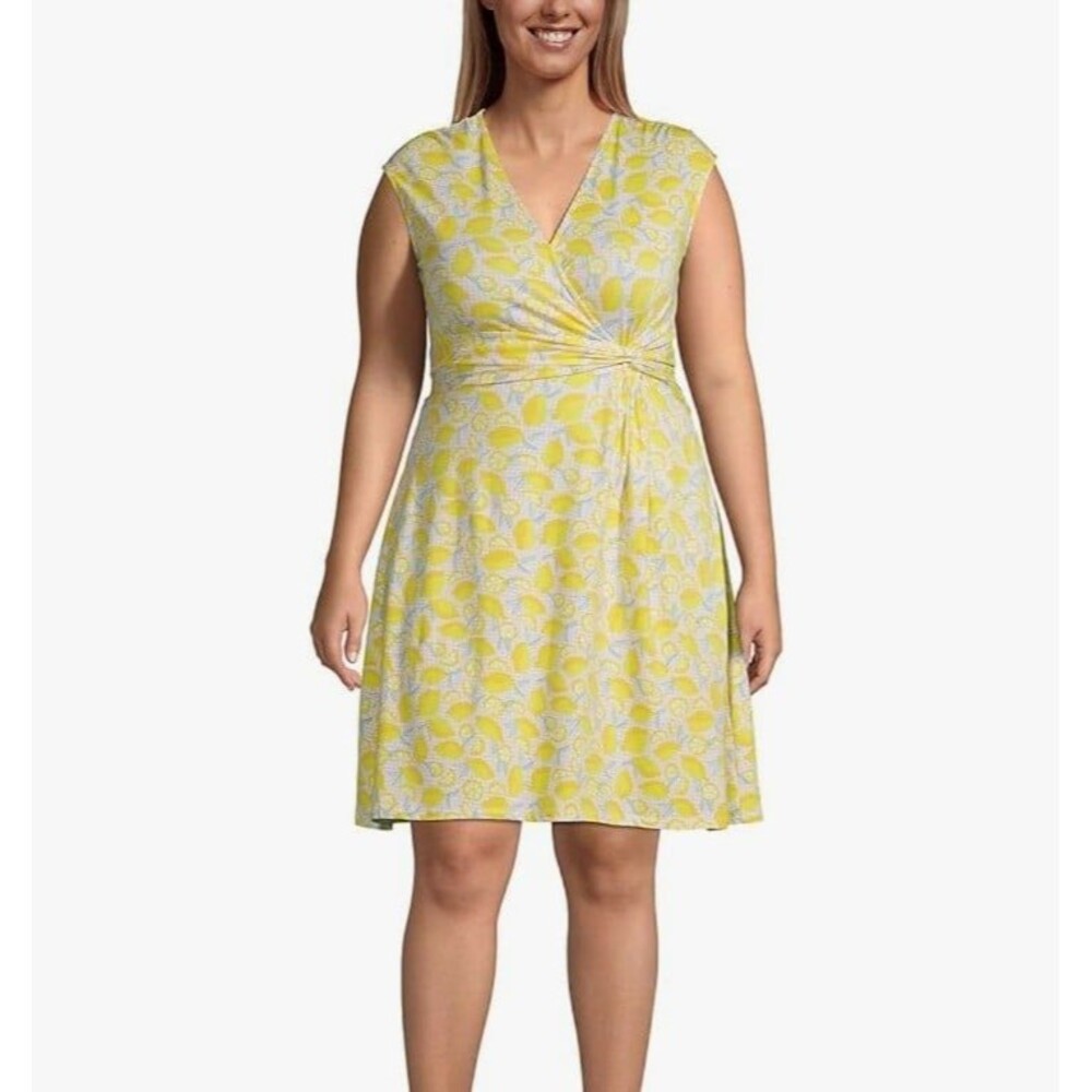Lands'end yellow lemon print bright wrap look knee length dress size large NWT